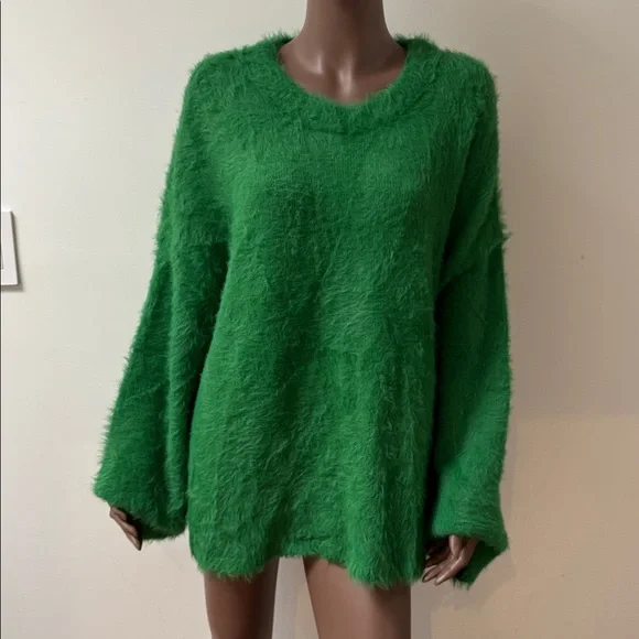 Free People Harrison Bunny crew fuzzy teddy sweater oversized green XL - Picture 3 of 9